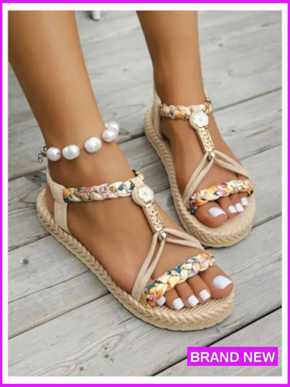 Woven Sandals Floral Print Open Toe Vacation Beach Flat Shoes Ankle Strap